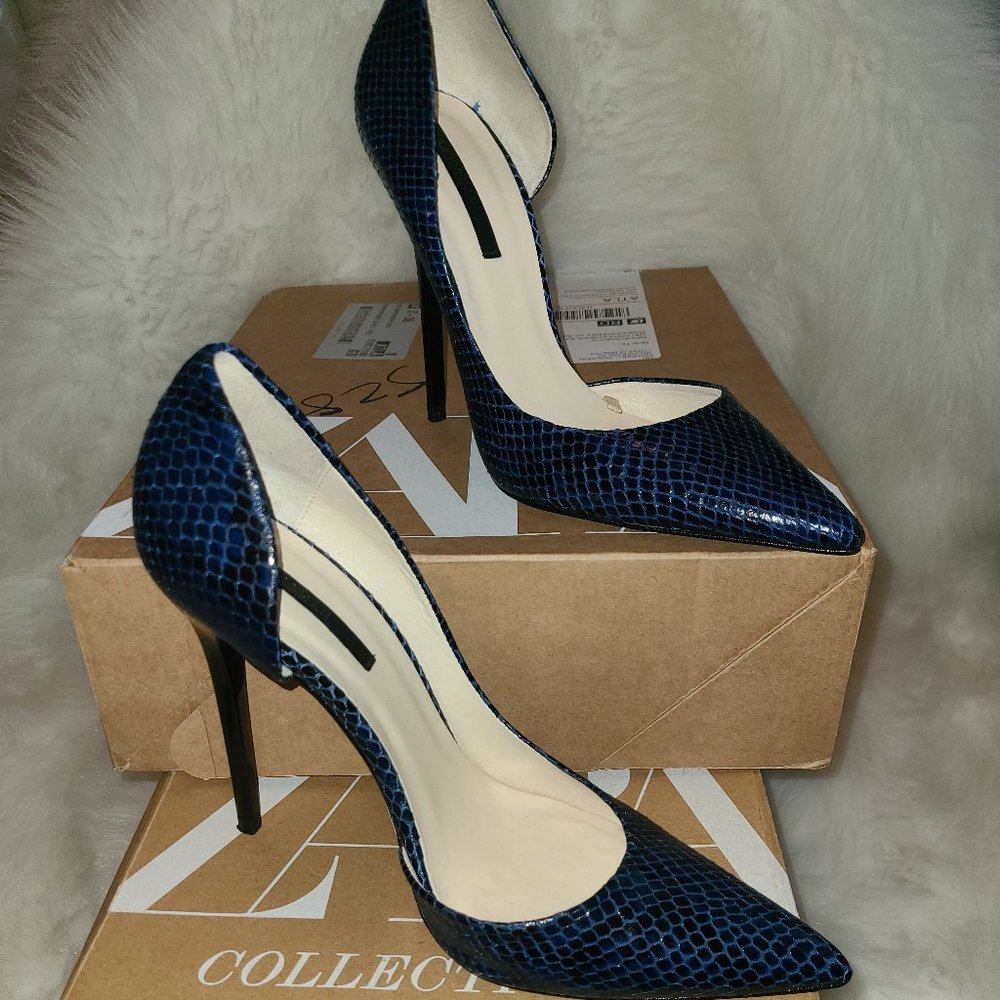 ZARA WOMAN BLUE SNAKE EMBOSSED STILETTO (40)